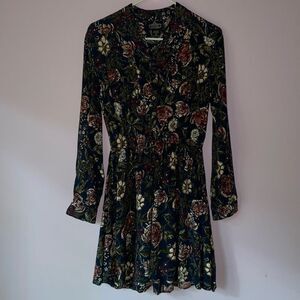 Angie Midi Dress M Navy Floral Blouson Long Sleeve Button